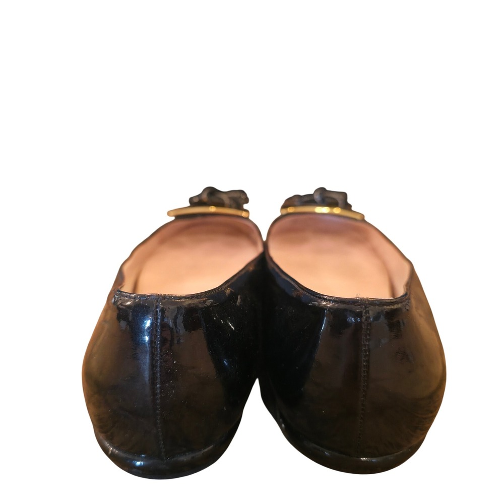 PRADA 37.5/US 7 Black Patent Leather Ballet Flats Bow Gold Luxury Minimalism - Picture 3 of 6